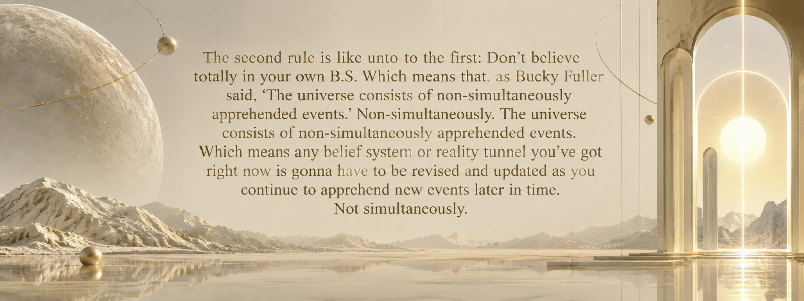 Ivory-and-gold surreal landscape featuring a planet, mountains, luminous arches, and a Robert Anton Wilson quotation about revising belief systems as new events are apprehended.